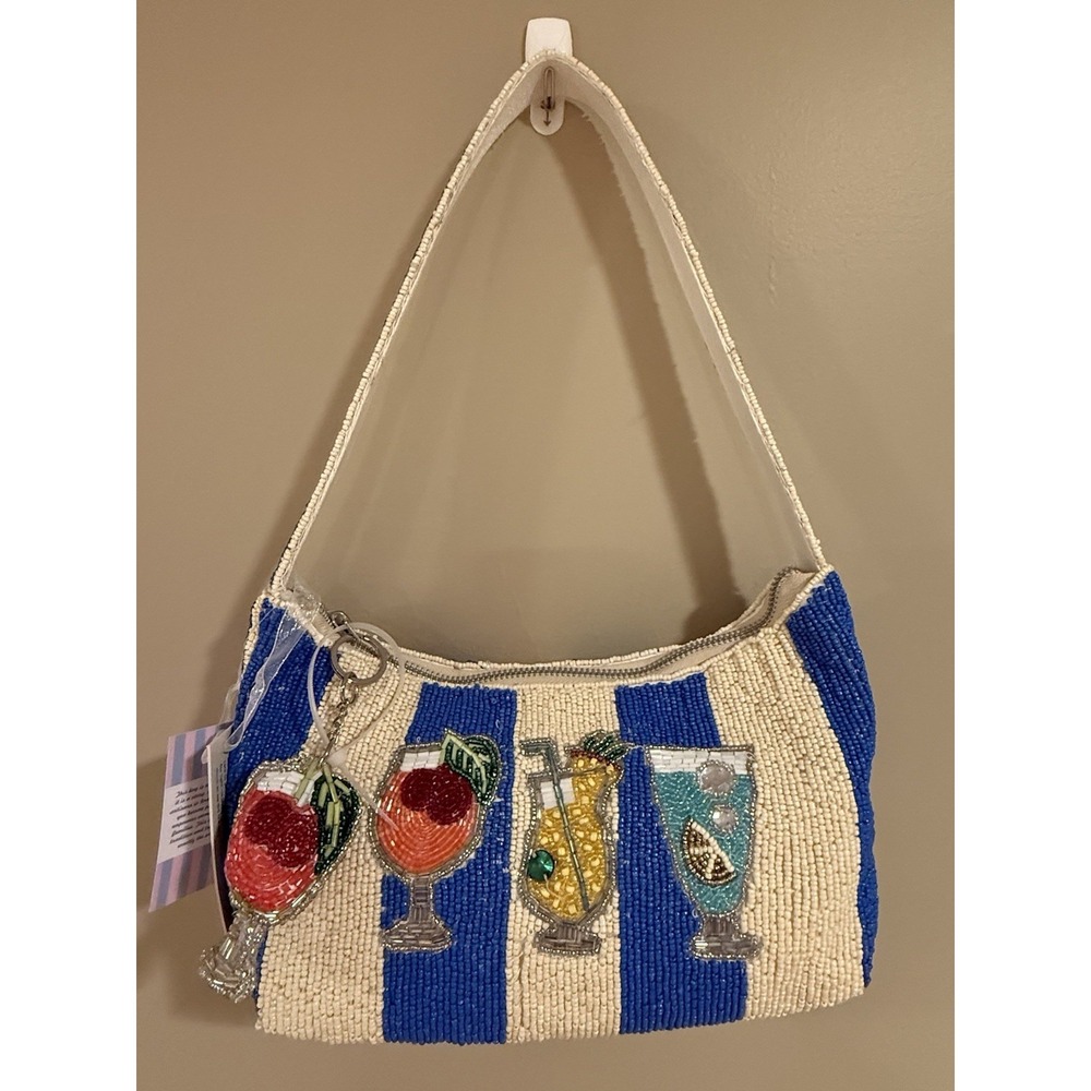 Viral Cocktail Drinks Beaded Shoulder Bag, Blue & White Stripe Made In India NWT